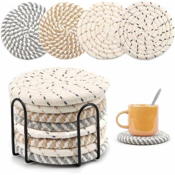 Coasters for Drinks Absorbent Woven Coaster Set with Holder Farmhouse Cute Cloth - Picture 1 of 7